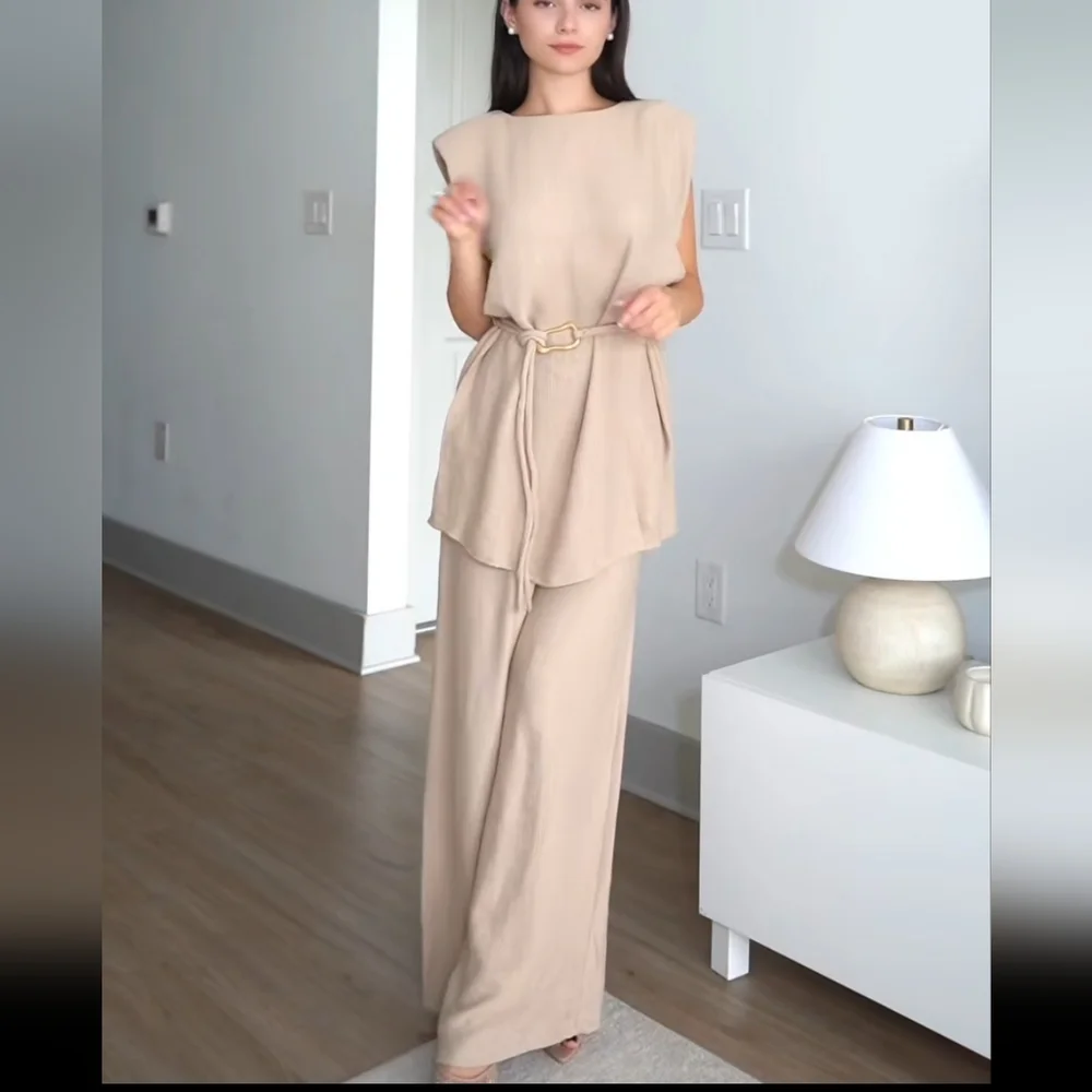 Zara Set 2 Pc belted Top and Wide Pants Size S